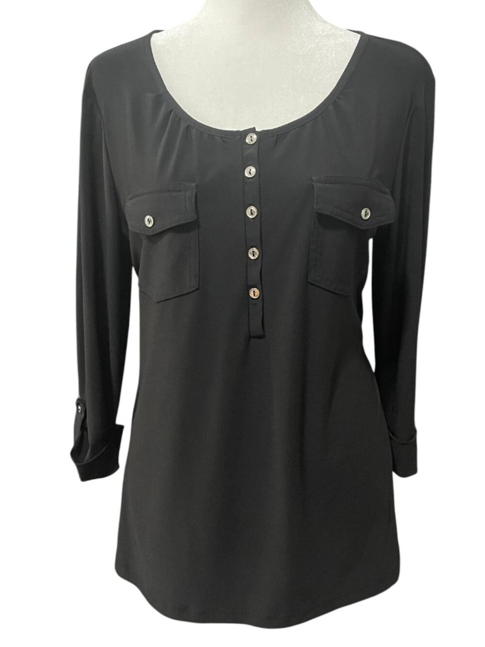 Black Scoop Neck Top w Silver Buttons, Breast Pockets & Rolled 3/4 Sleeve EUC